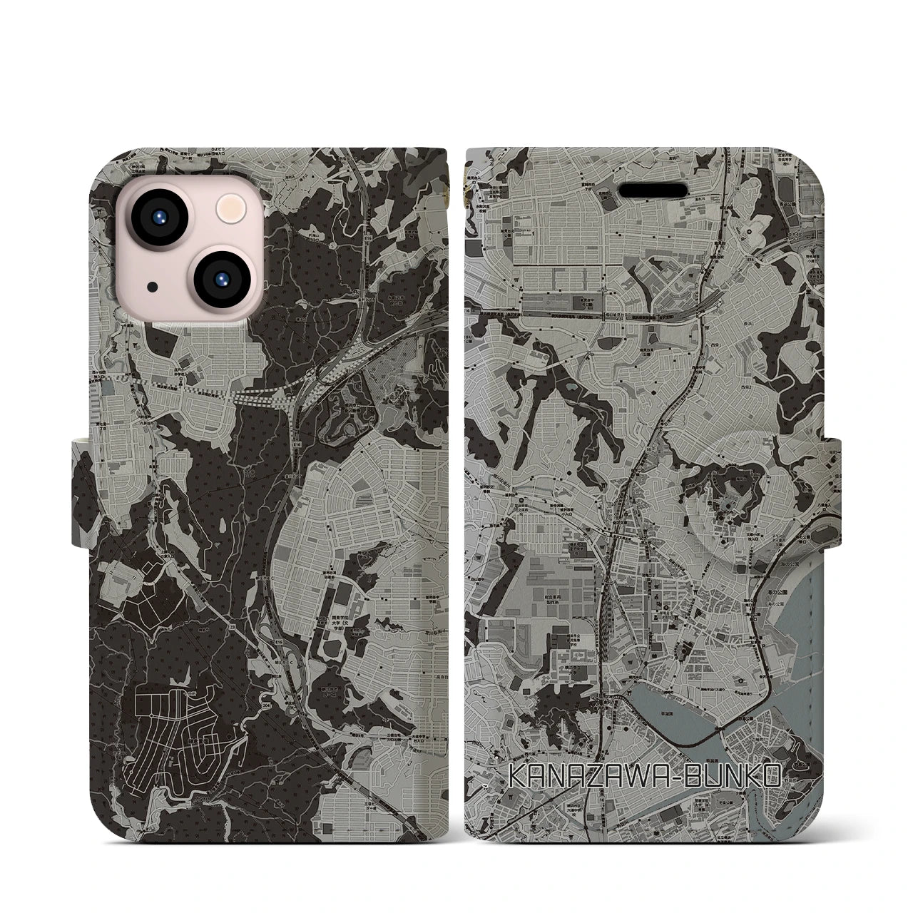 【金沢文庫(神奈川県)】地図柄iPhoneケース(手帳タイプ)モノトーン・iPhone 13 mini 用