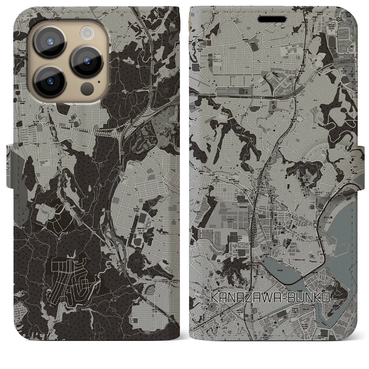 【金沢文庫(神奈川県)】地図柄iPhoneケース(手帳タイプ)モノトーン・iPhone 14 Pro Max 用