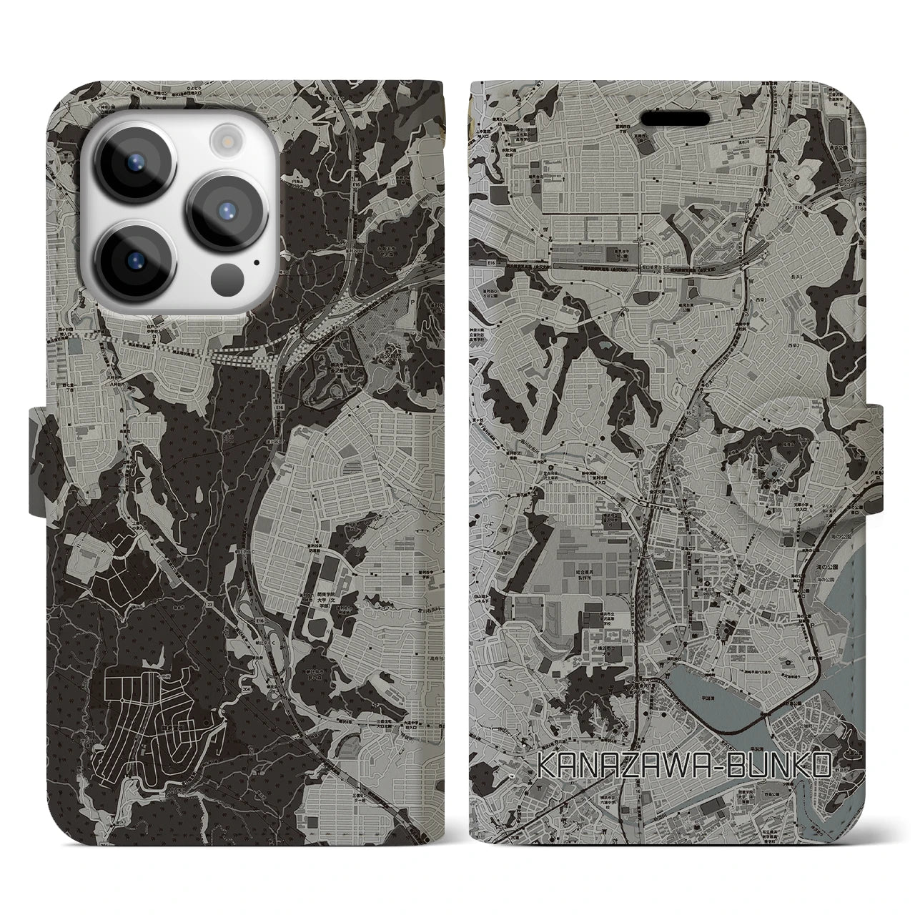 【金沢文庫(神奈川県)】地図柄iPhoneケース(手帳タイプ)モノトーン・iPhone 14 Pro 用