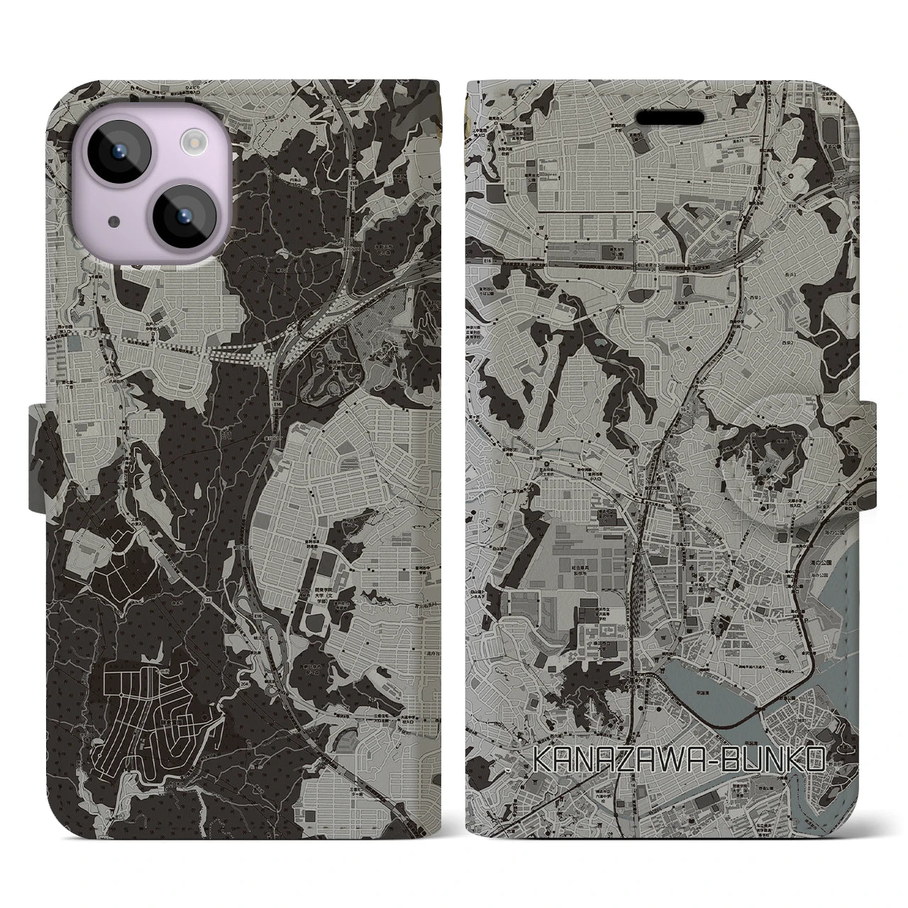 【金沢文庫(神奈川県)】地図柄iPhoneケース(手帳タイプ)モノトーン・iPhone 14 用