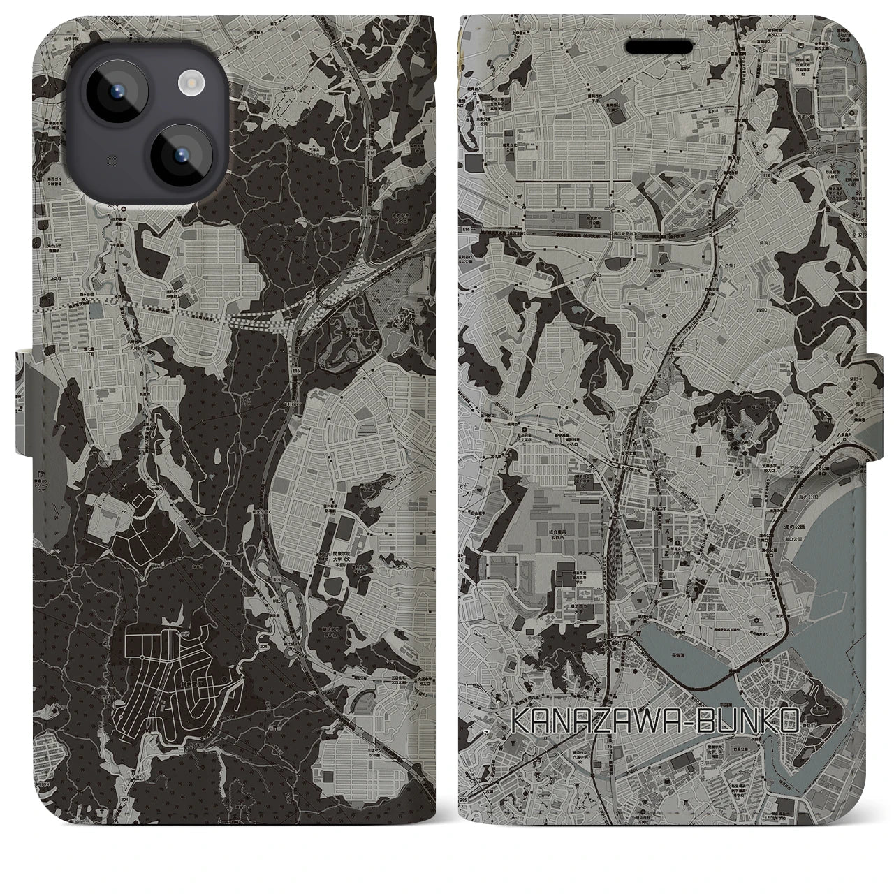 【金沢文庫(神奈川県)】地図柄iPhoneケース(手帳タイプ)モノトーン・iPhone 14 Plus 用