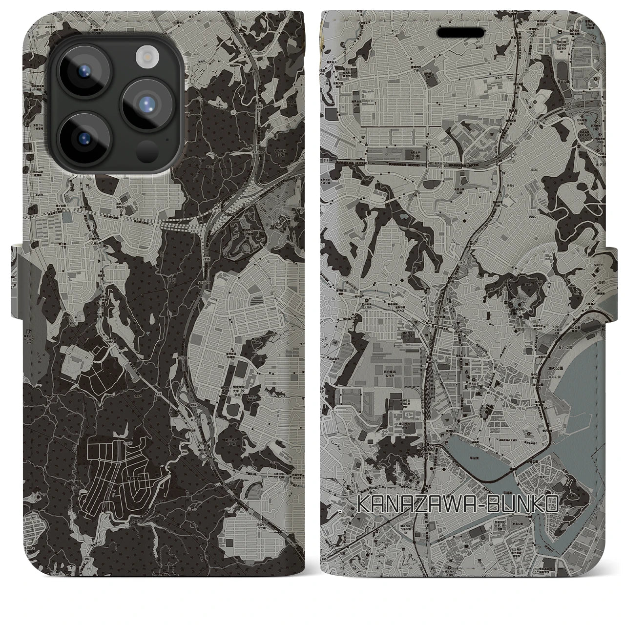 【金沢文庫(神奈川県)】地図柄iPhoneケース(手帳タイプ)モノトーン・iPhone 15 Pro Max 用