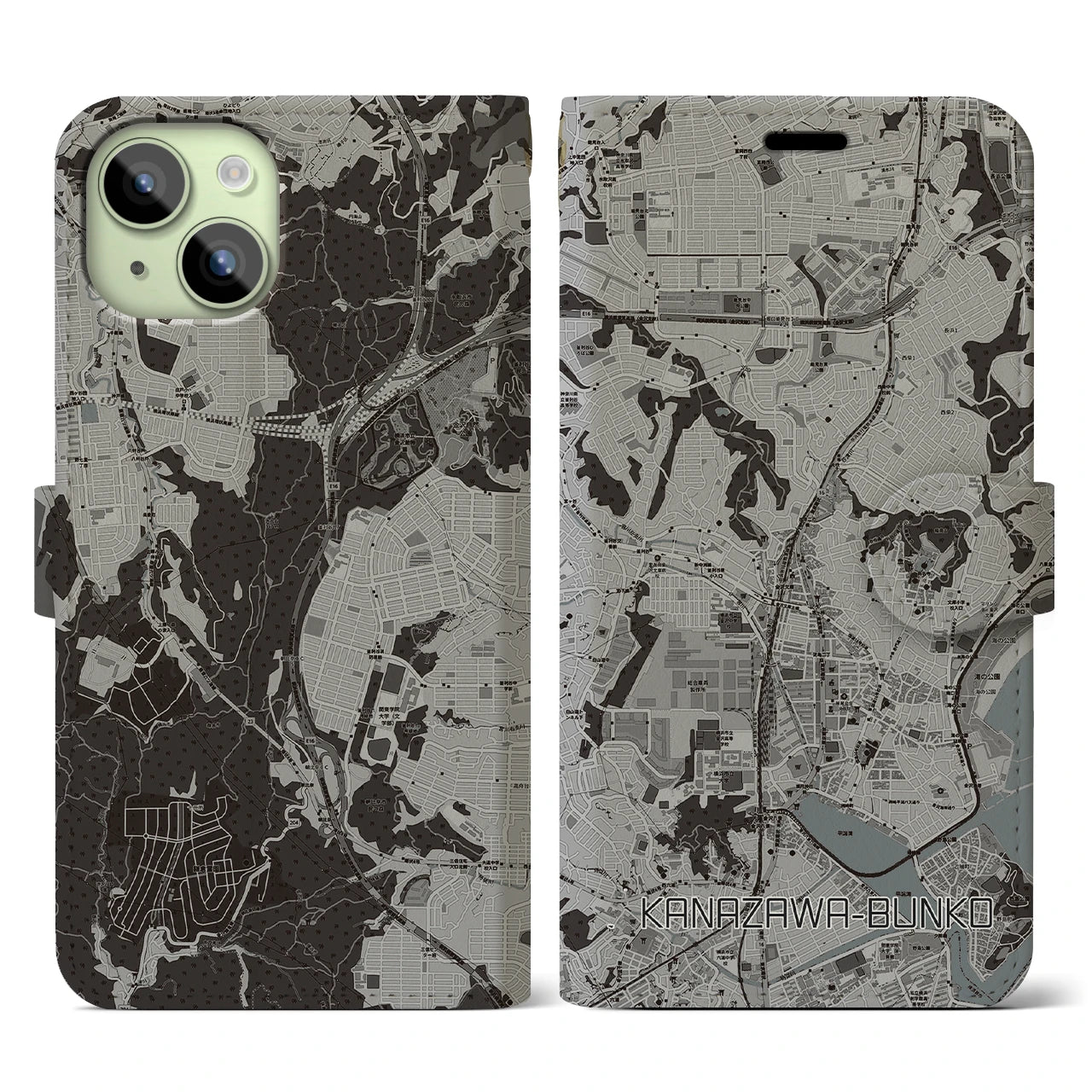 【金沢文庫(神奈川県)】地図柄iPhoneケース(手帳タイプ)モノトーン・iPhone 15 用