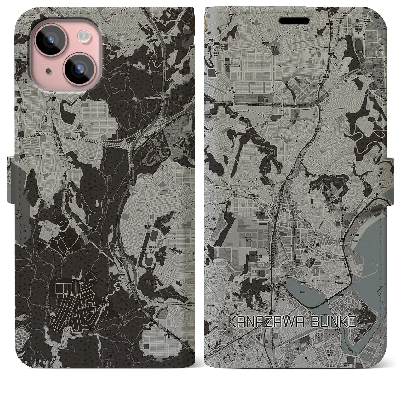 【金沢文庫(神奈川県)】地図柄iPhoneケース(手帳タイプ)モノトーン・iPhone 15 Plus 用