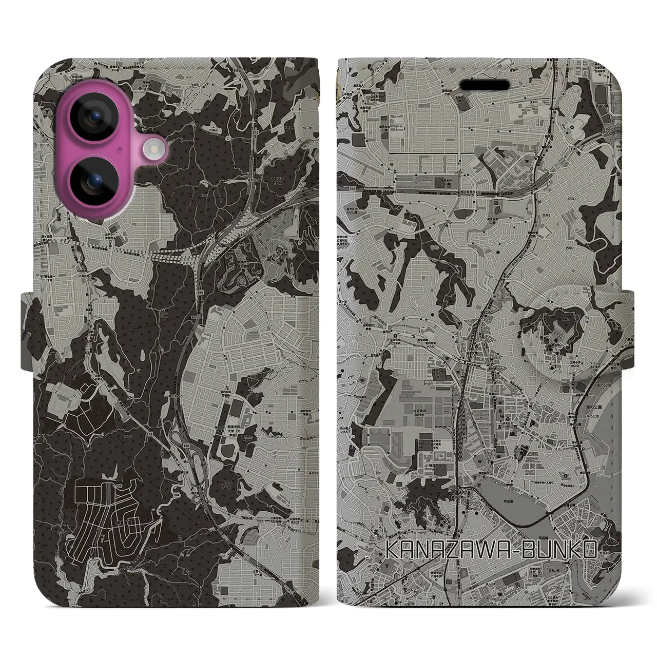 【金沢文庫(神奈川県)】地図柄iPhoneケース(手帳タイプ)モノトーン・iPhone 16 Pro 用