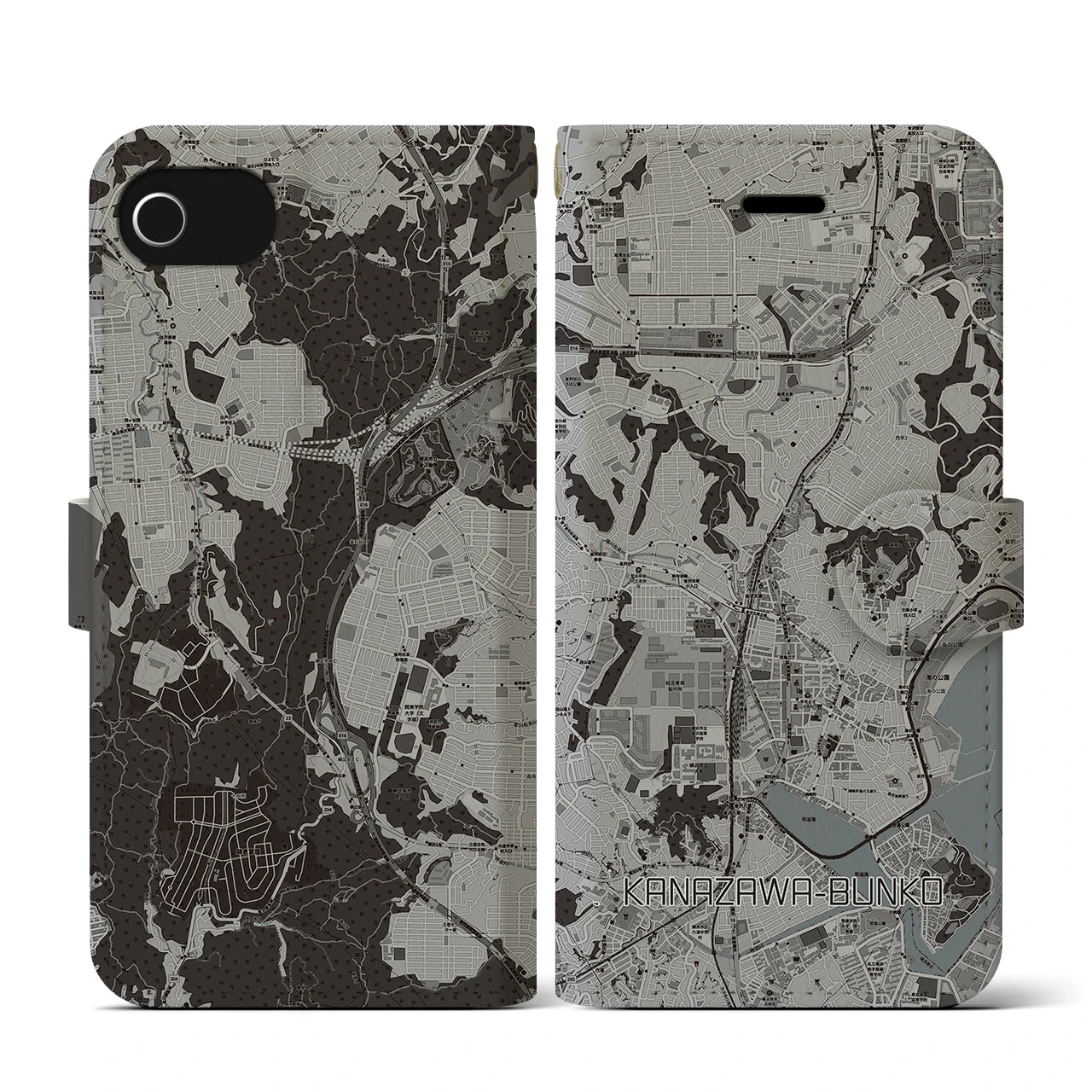 【金沢文庫(神奈川県)】地図柄iPhoneケース(手帳タイプ)モノトーン・iPhone SE(第3 / 第2世代) / 8 / 7 / 6s / 6 用