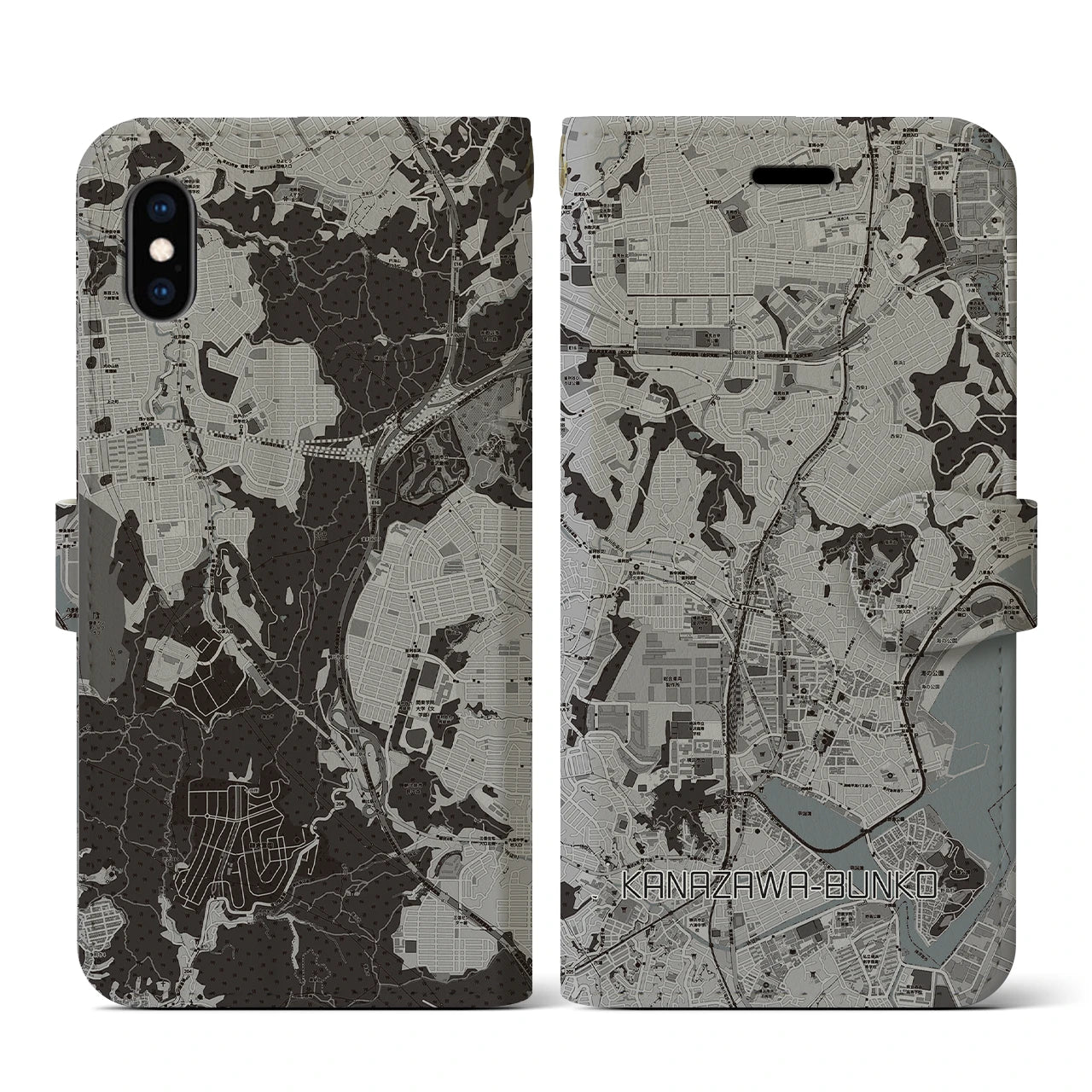 【金沢文庫(神奈川県)】地図柄iPhoneケース(手帳タイプ)モノトーン・iPhone XS / X 用