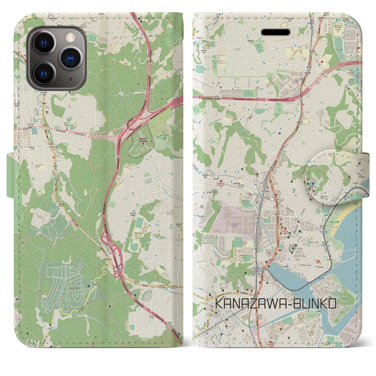 【金沢文庫(神奈川県)】地図柄iPhoneケース(手帳タイプ)ナチュラル・iPhone 11 Pro Max 用