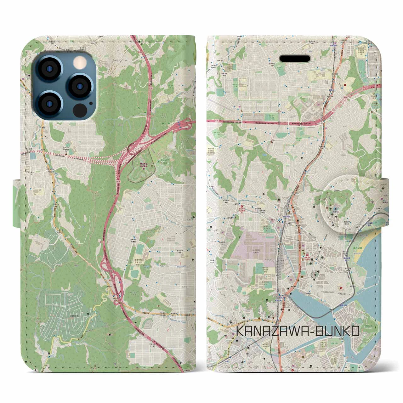 【金沢文庫(神奈川県)】地図柄iPhoneケース(手帳タイプ)ナチュラル・iPhone 12 / 12 Pro 用