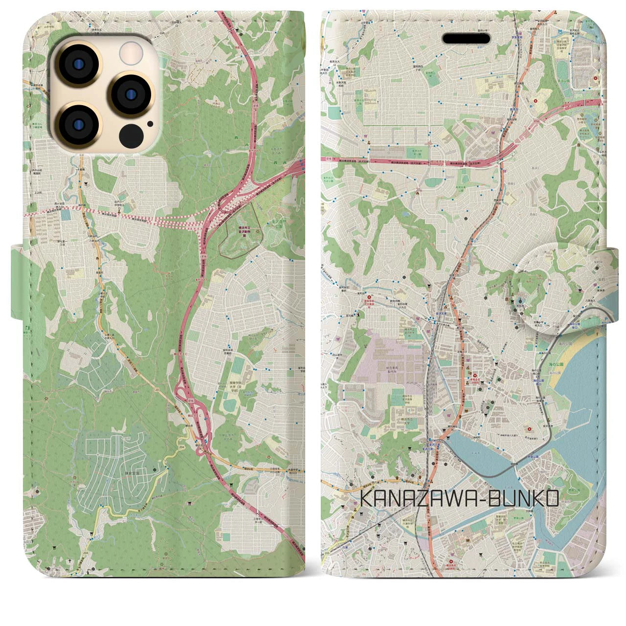 【金沢文庫(神奈川県)】地図柄iPhoneケース(手帳タイプ)ナチュラル・iPhone 12 Pro Max 用