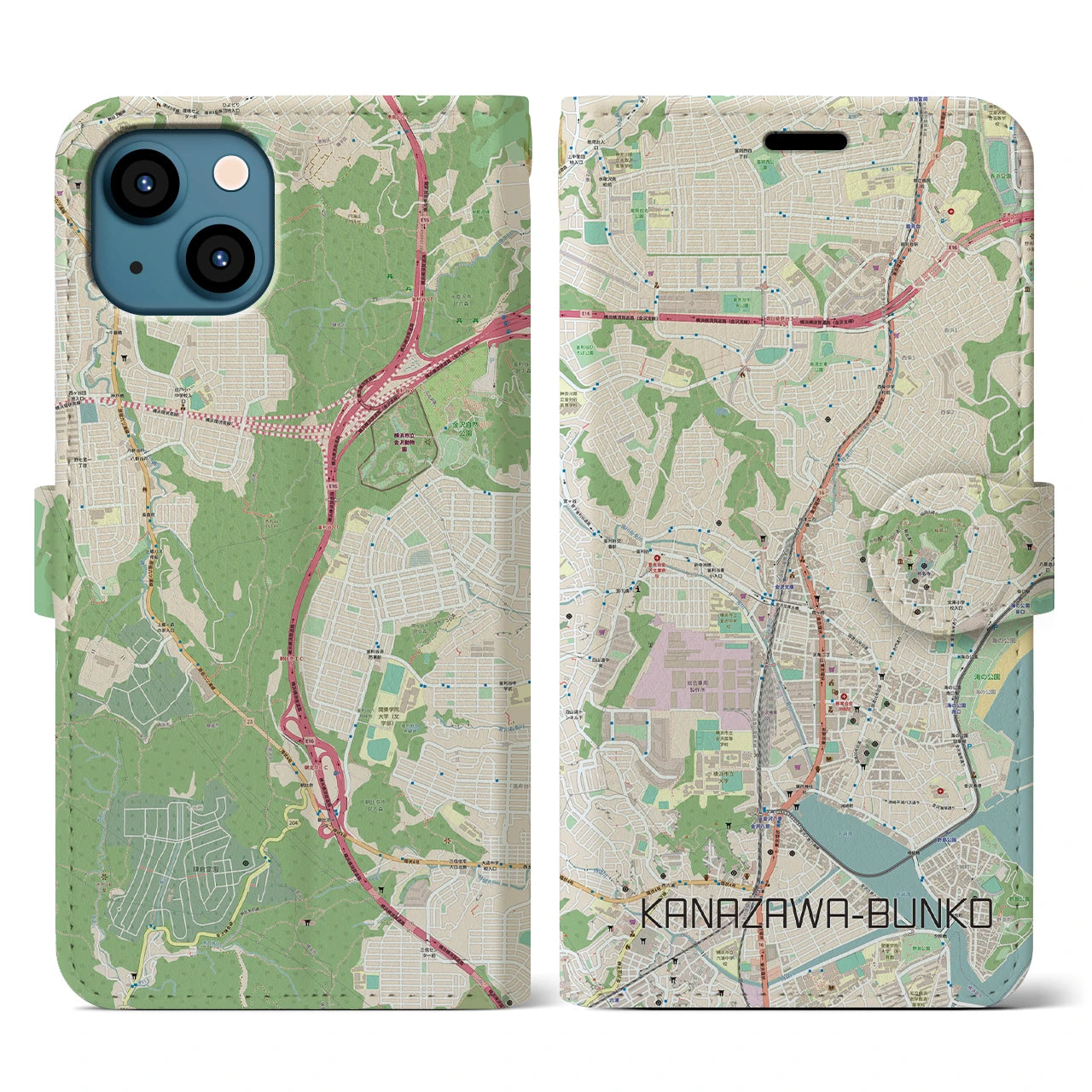 【金沢文庫(神奈川県)】地図柄iPhoneケース(手帳タイプ)ナチュラル・iPhone 13 用