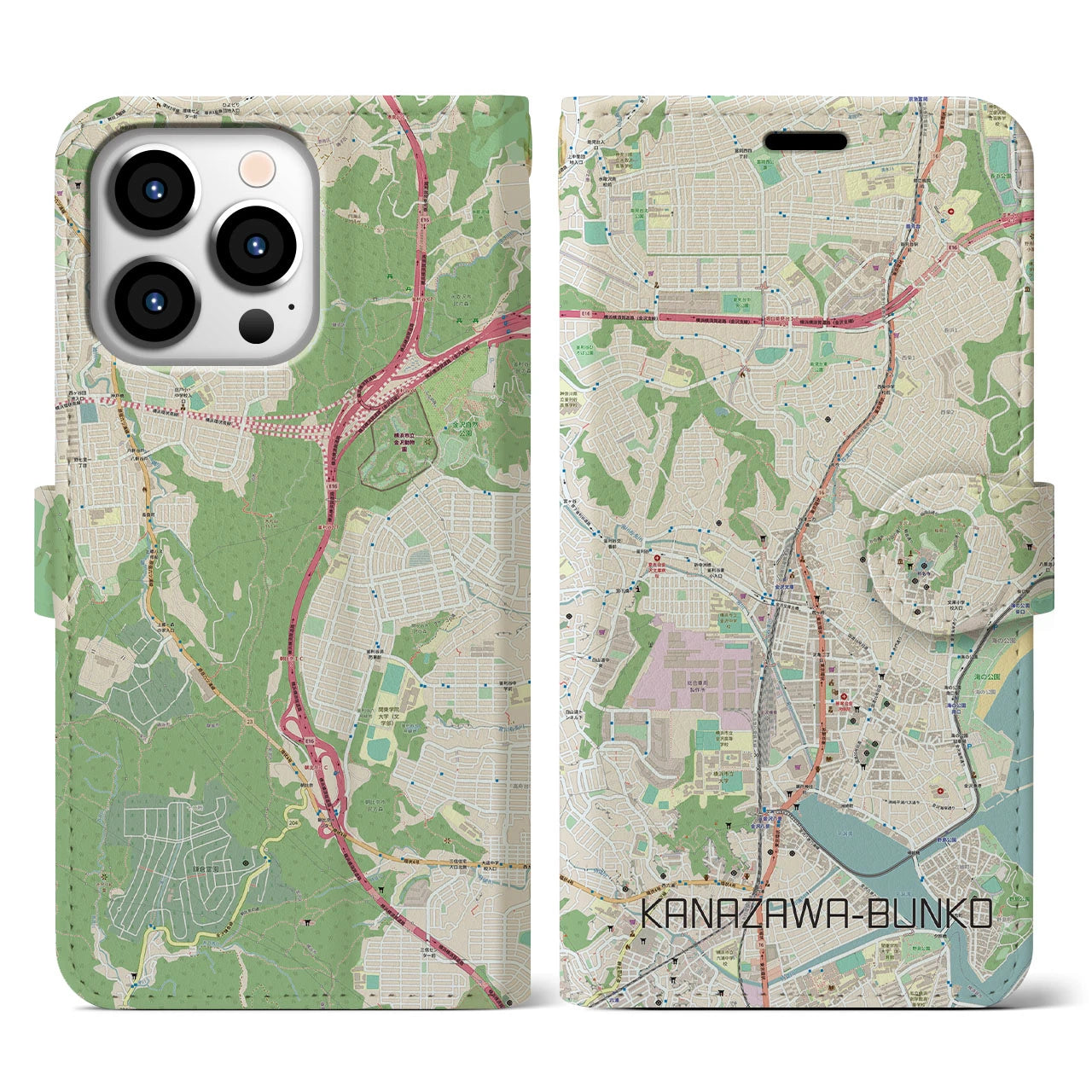 【金沢文庫(神奈川県)】地図柄iPhoneケース(手帳タイプ)ナチュラル・iPhone 13 Pro 用