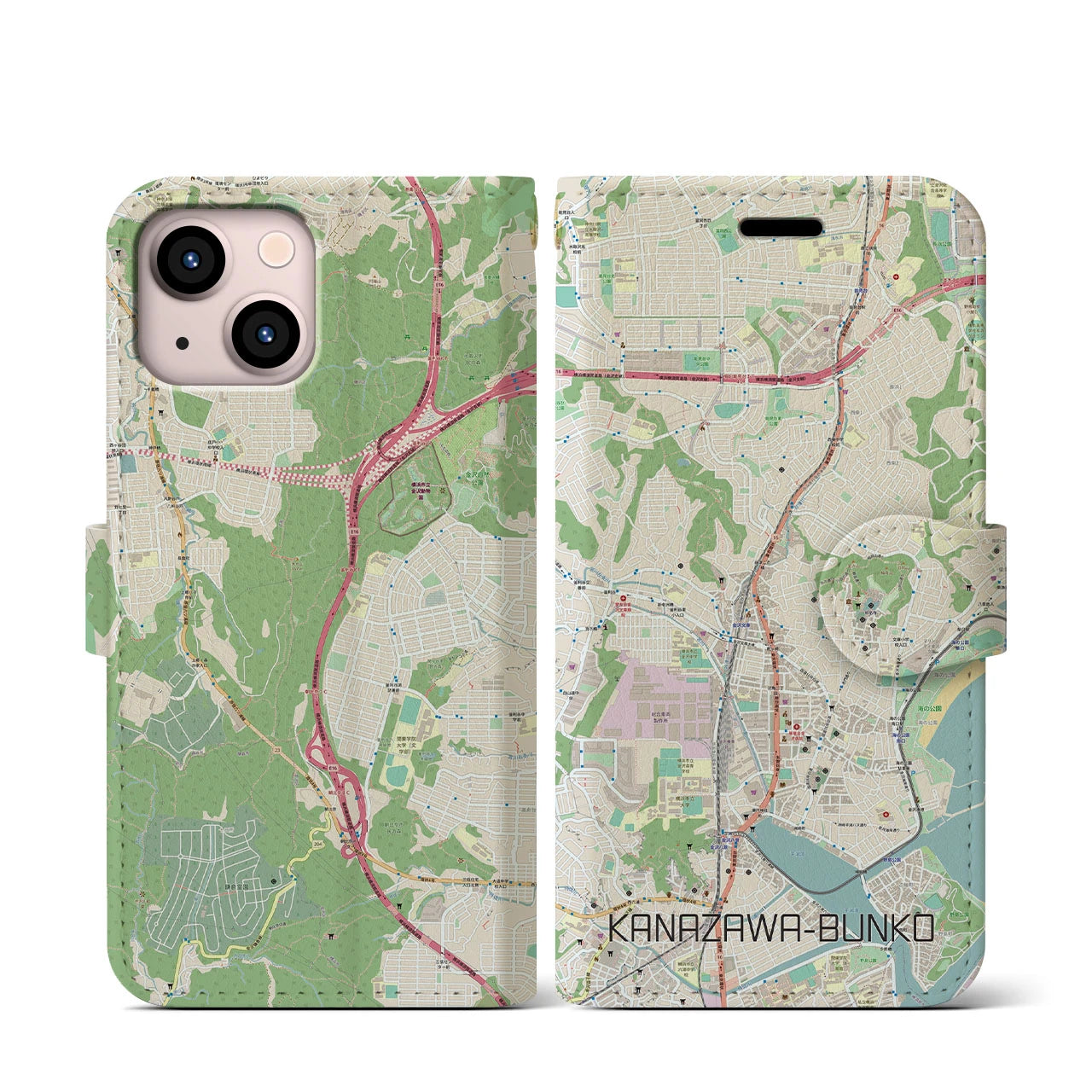 【金沢文庫(神奈川県)】地図柄iPhoneケース(手帳タイプ)ナチュラル・iPhone 13 mini 用