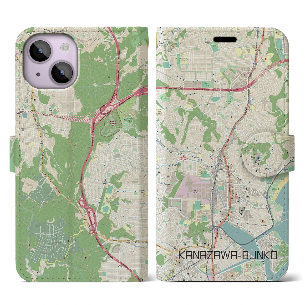 【金沢文庫(神奈川県)】地図柄iPhoneケース(手帳タイプ)ナチュラル・iPhone 14 用