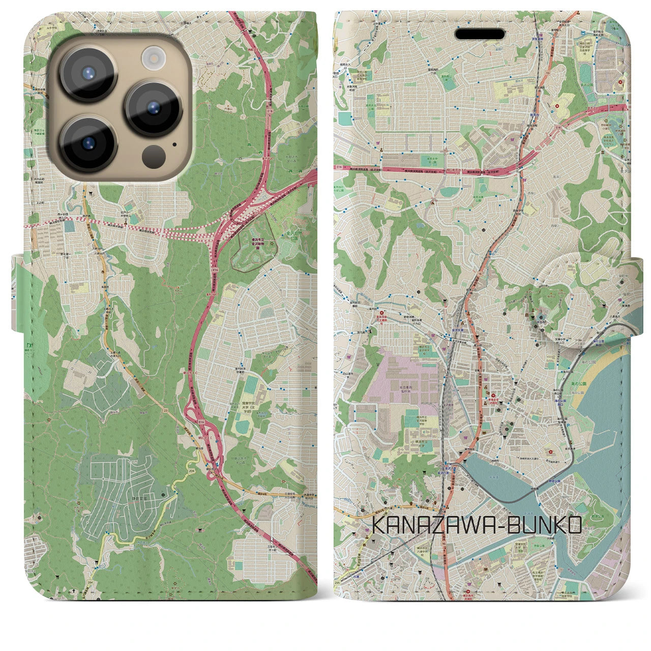 【金沢文庫(神奈川県)】地図柄iPhoneケース(手帳タイプ)ナチュラル・iPhone 14 Pro Max 用