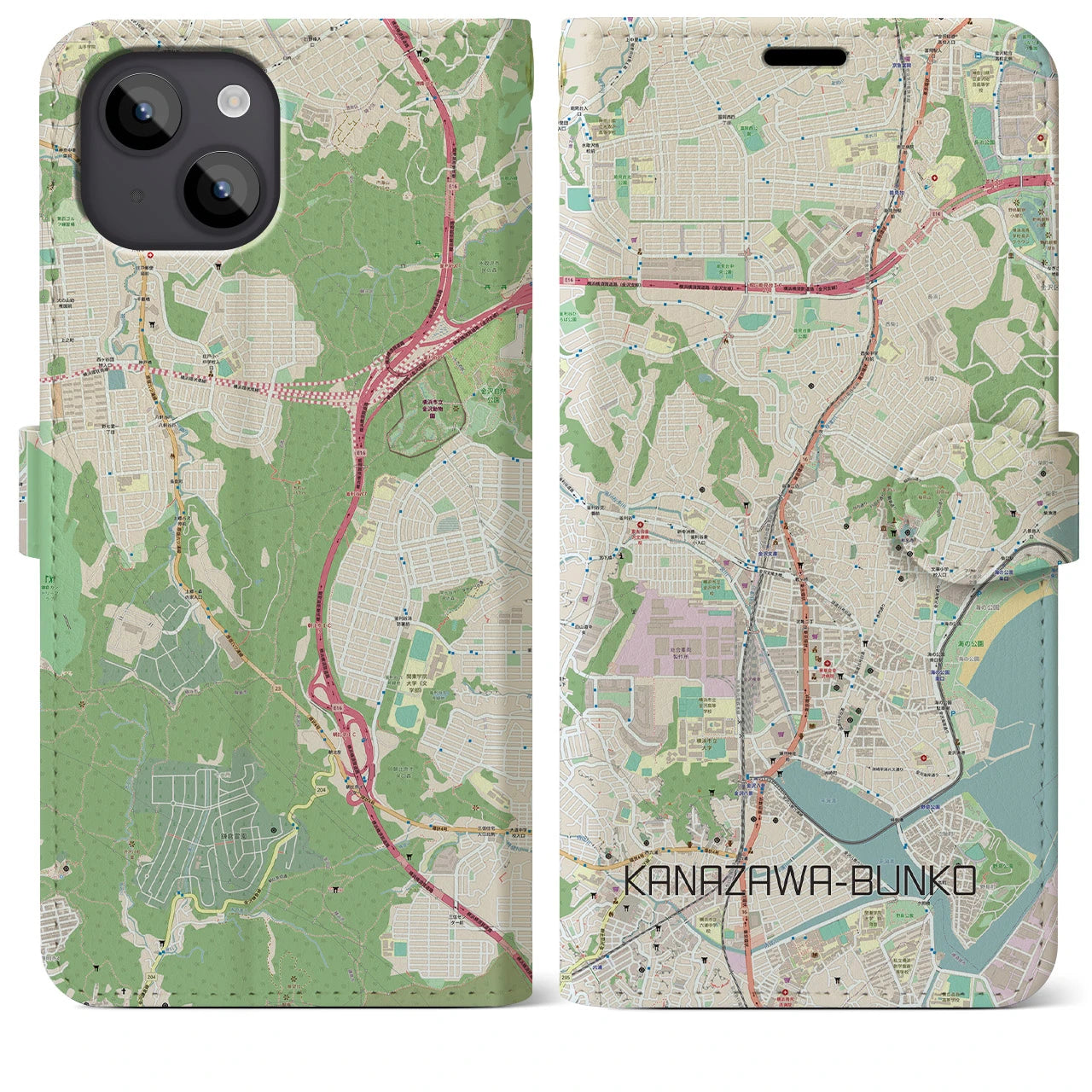 【金沢文庫(神奈川県)】地図柄iPhoneケース(手帳タイプ)ナチュラル・iPhone 14 Plus 用