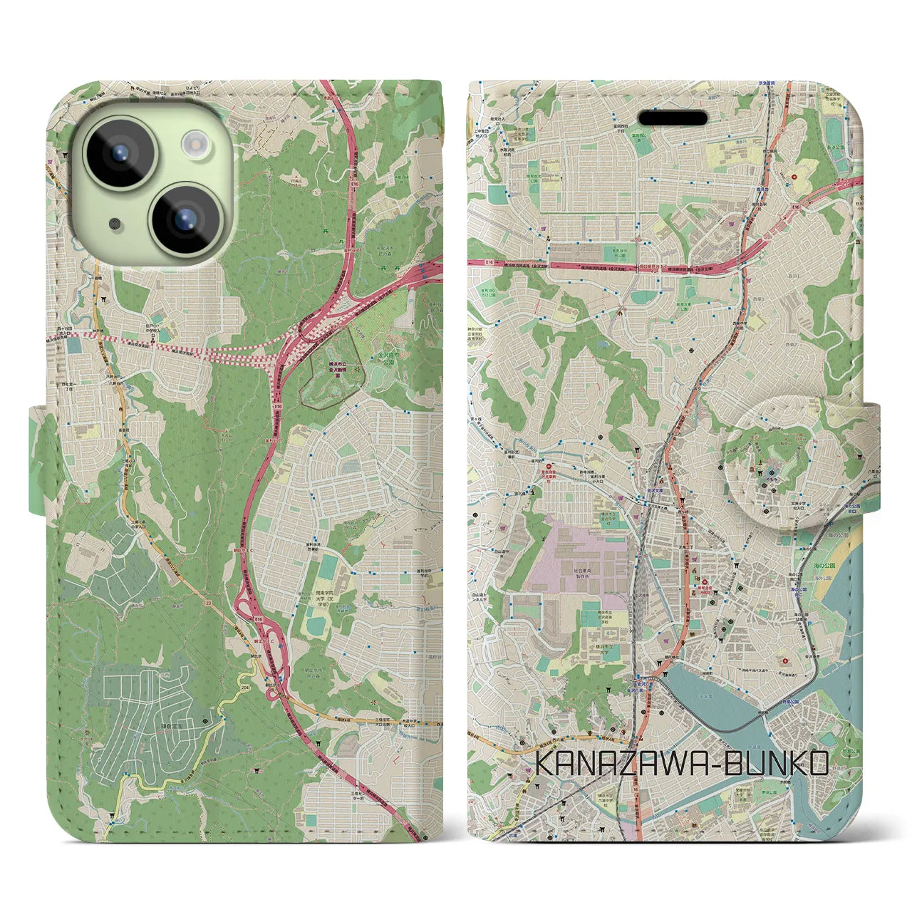 【金沢文庫(神奈川県)】地図柄iPhoneケース(手帳タイプ)ナチュラル・iPhone 15 用