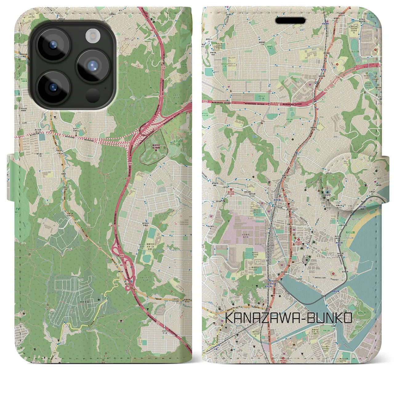 【金沢文庫(神奈川県)】地図柄iPhoneケース(手帳タイプ)ナチュラル・iPhone 15 Pro Max 用