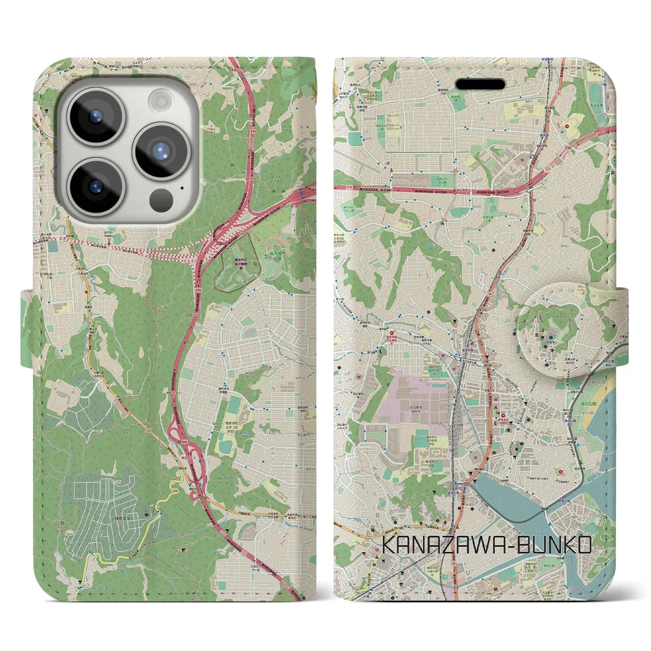【金沢文庫(神奈川県)】地図柄iPhoneケース(手帳タイプ)ナチュラル・iPhone 15 Pro 用