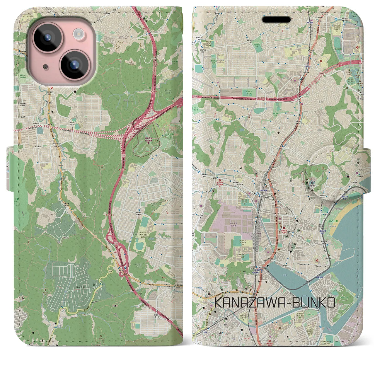 【金沢文庫(神奈川県)】地図柄iPhoneケース(手帳タイプ)ナチュラル・iPhone 15 Plus 用