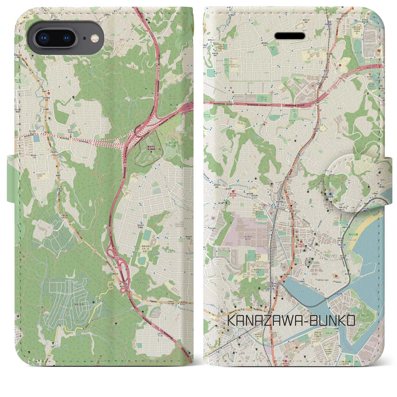 【金沢文庫(神奈川県)】地図柄iPhoneケース(手帳タイプ)ナチュラル・iPhone 8Plus /7Plus / 6sPlus / 6Plus 用