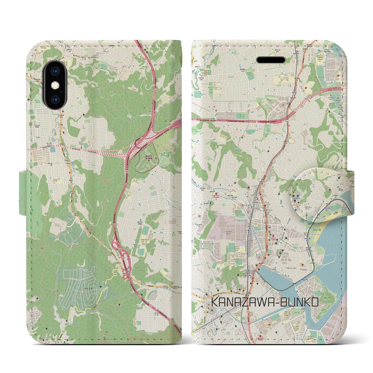 【金沢文庫(神奈川県)】地図柄iPhoneケース(手帳タイプ)ナチュラル・iPhone XS / X 用