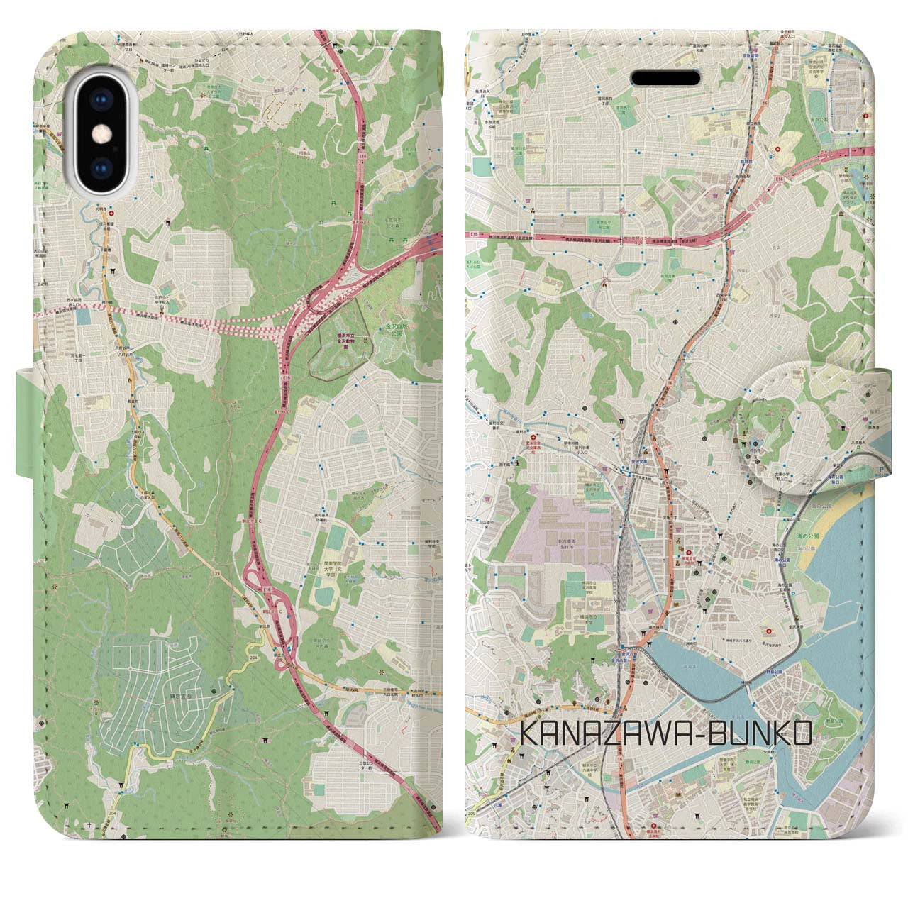【金沢文庫(神奈川県)】地図柄iPhoneケース(手帳タイプ)ナチュラル・iPhone XS Max 用