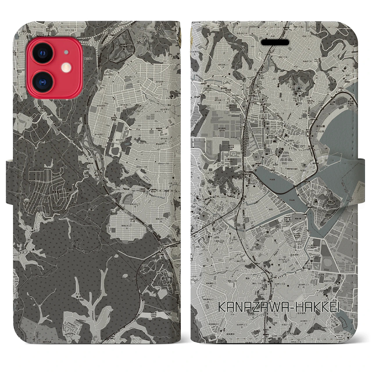 【金沢八景(神奈川県)】地図柄iPhoneケース(手帳タイプ)モノトーン・iPhone 11 用
