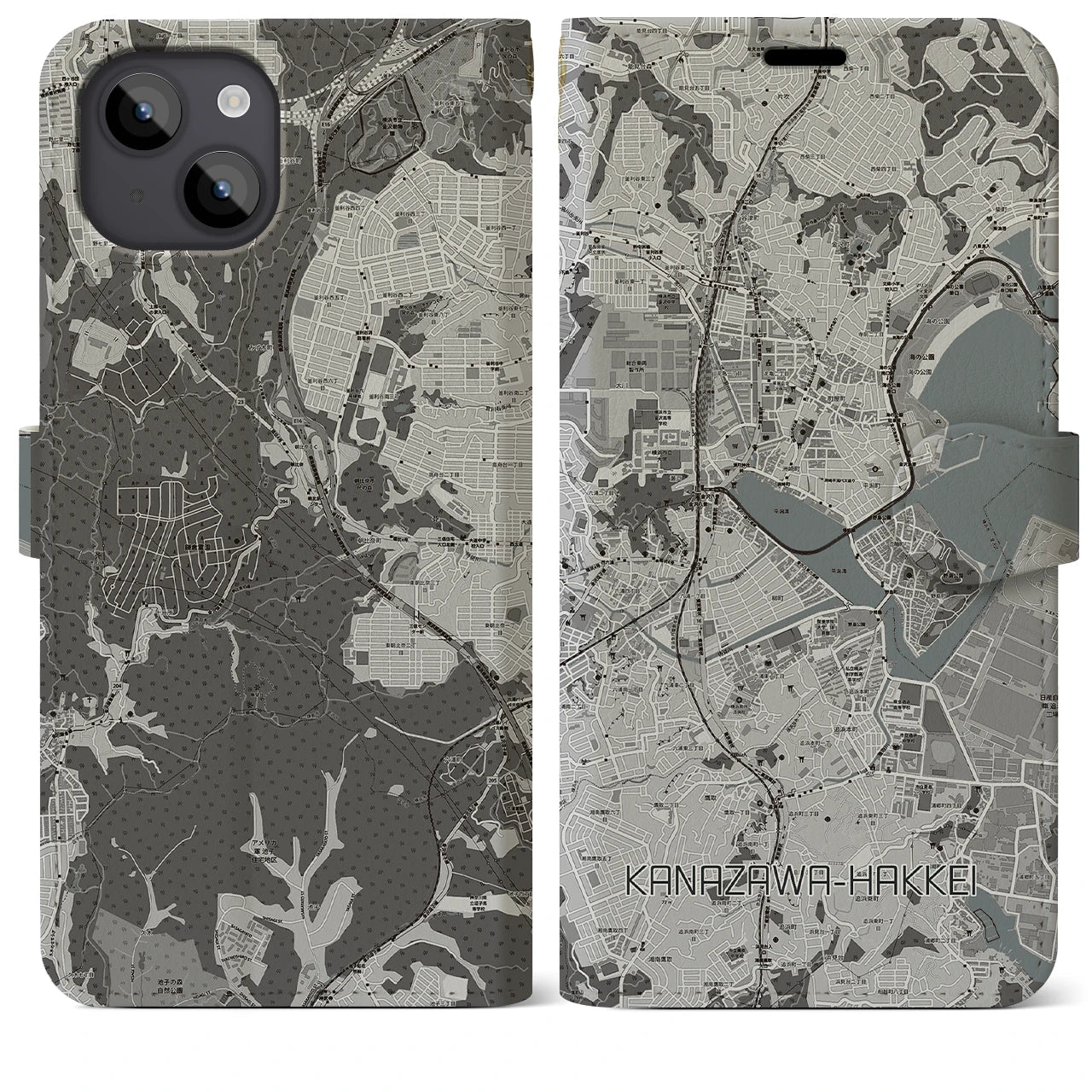 【金沢八景(神奈川県)】地図柄iPhoneケース(手帳タイプ)モノトーン・iPhone 14 Plus 用