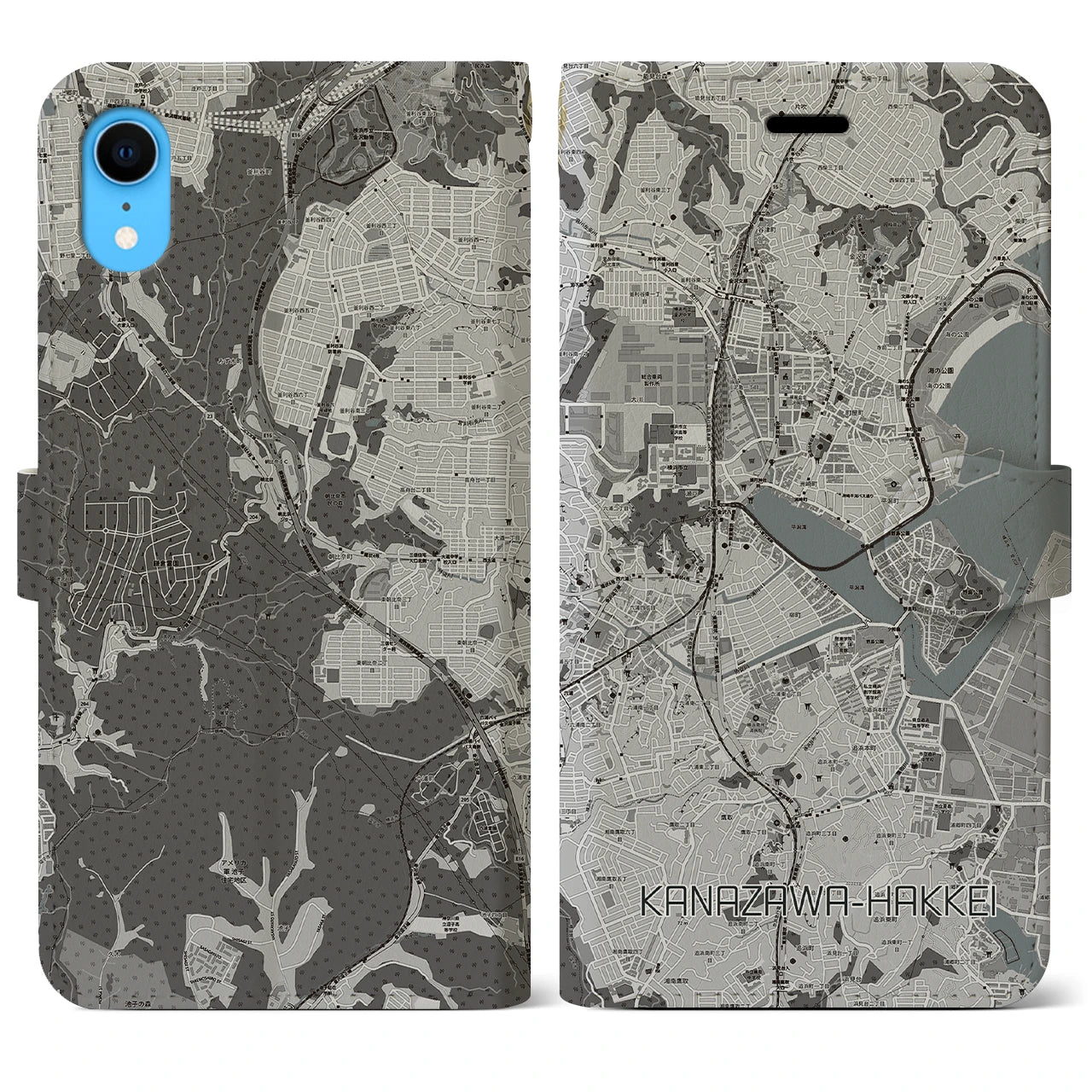 【金沢八景(神奈川県)】地図柄iPhoneケース(手帳タイプ)モノトーン・iPhone XR 用
