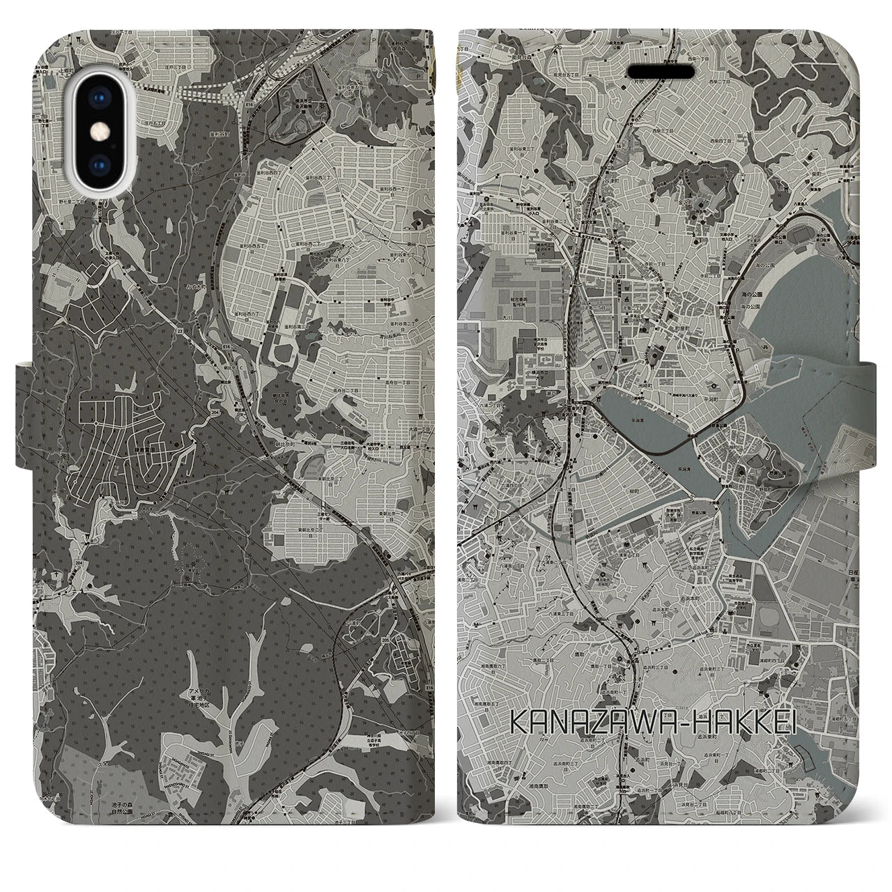 【金沢八景(神奈川県)】地図柄iPhoneケース(手帳タイプ)モノトーン・iPhone XS Max 用