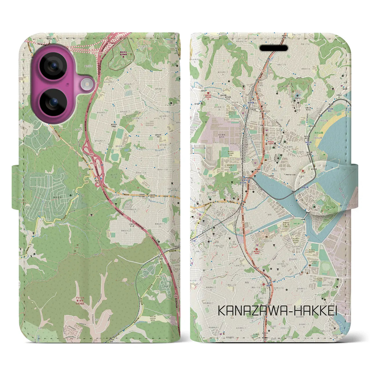 【金沢八景(神奈川県)】地図柄iPhoneケース(手帳タイプ)ナチュラル・iPhone 16 Pro 用