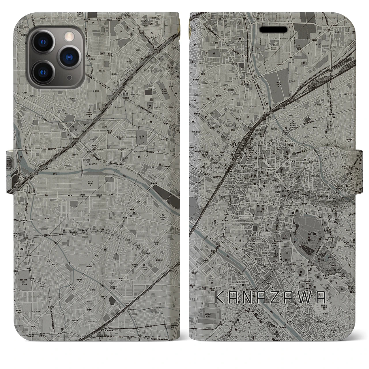 【金沢(石川県)】地図柄iPhoneケース(手帳タイプ)モノトーン・iPhone 11 Pro Max 用