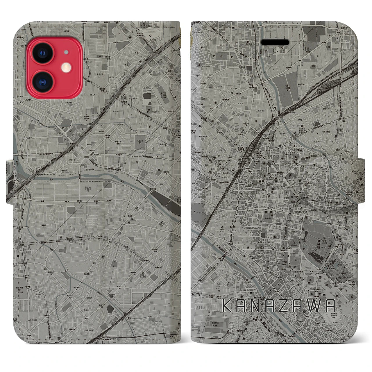 【金沢(石川県)】地図柄iPhoneケース(手帳タイプ)モノトーン・iPhone 11 用