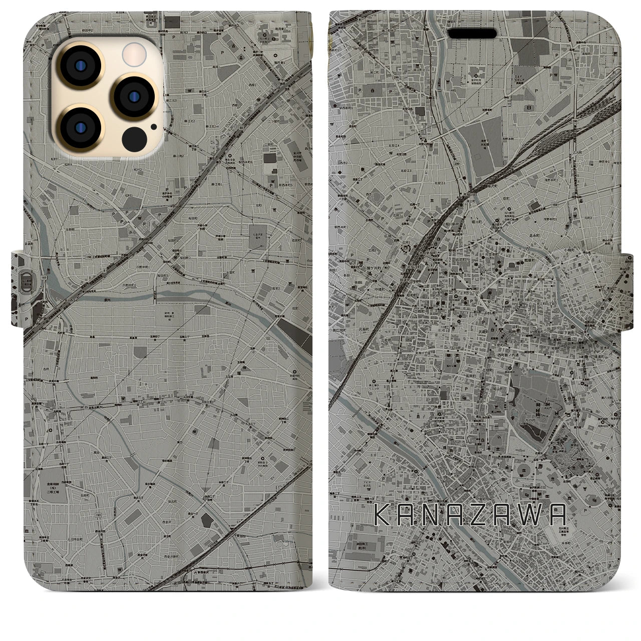 【金沢(石川県)】地図柄iPhoneケース(手帳タイプ)モノトーン・iPhone 12 Pro Max 用