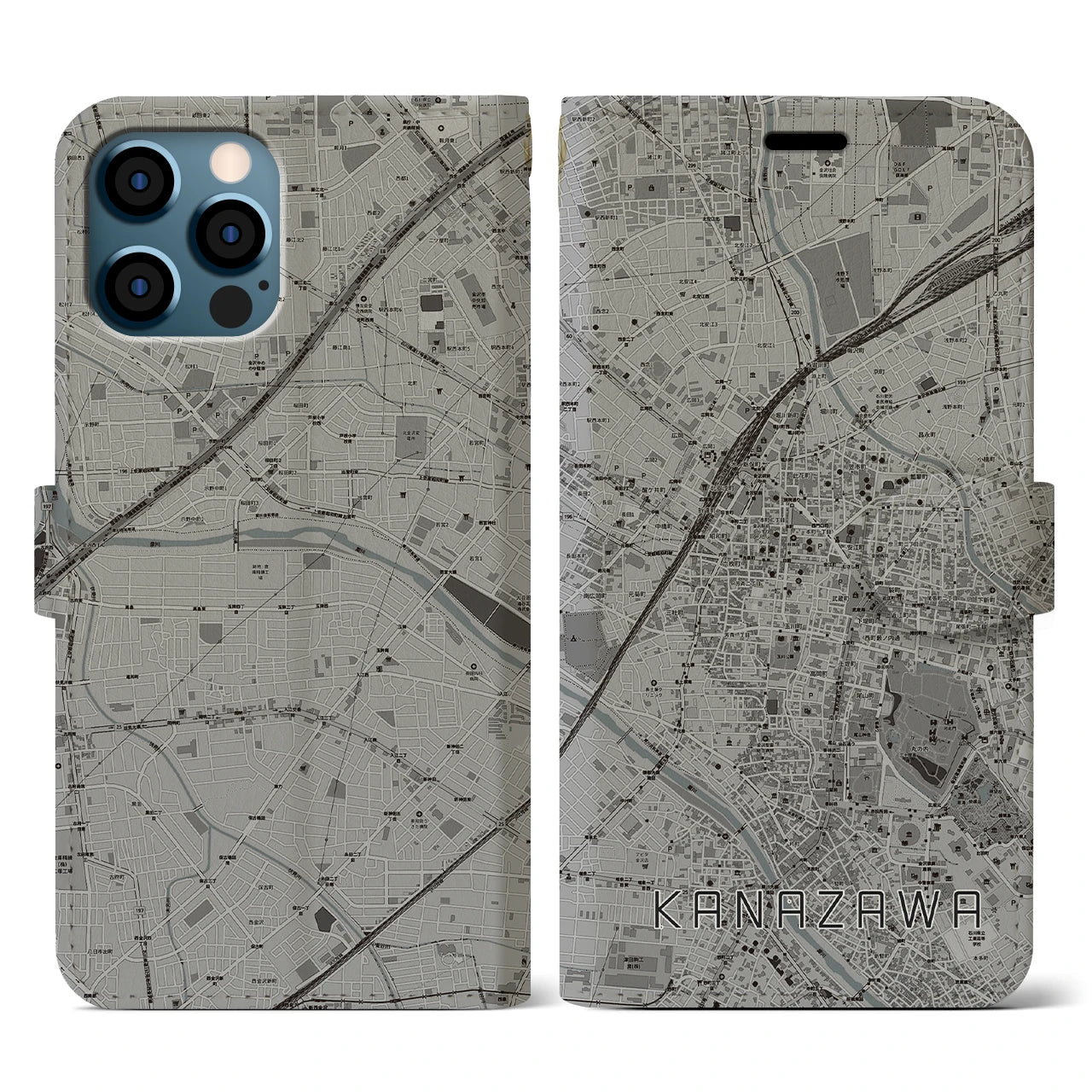 【金沢(石川県)】地図柄iPhoneケース(手帳タイプ)モノトーン・iPhone 12 / 12 Pro 用
