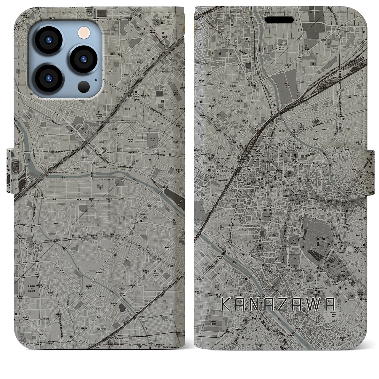 【金沢(石川県)】地図柄iPhoneケース(手帳タイプ)モノトーン・iPhone 13 Pro Max 用