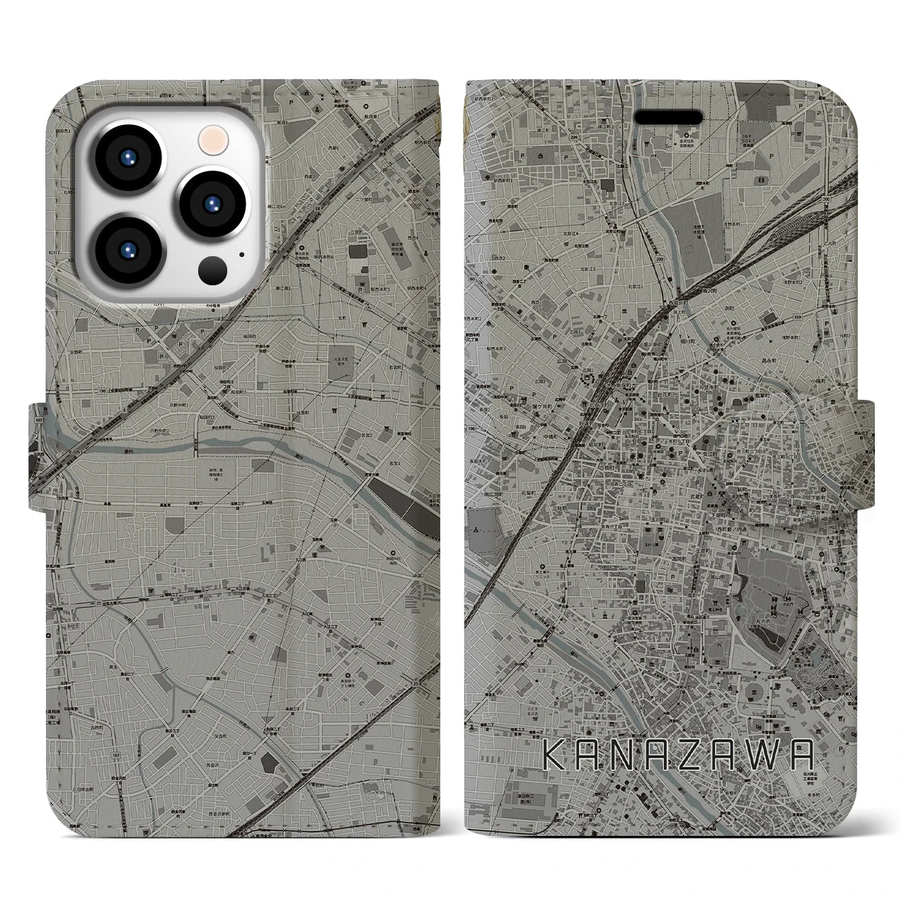 【金沢(石川県)】地図柄iPhoneケース(手帳タイプ)モノトーン・iPhone 13 Pro 用