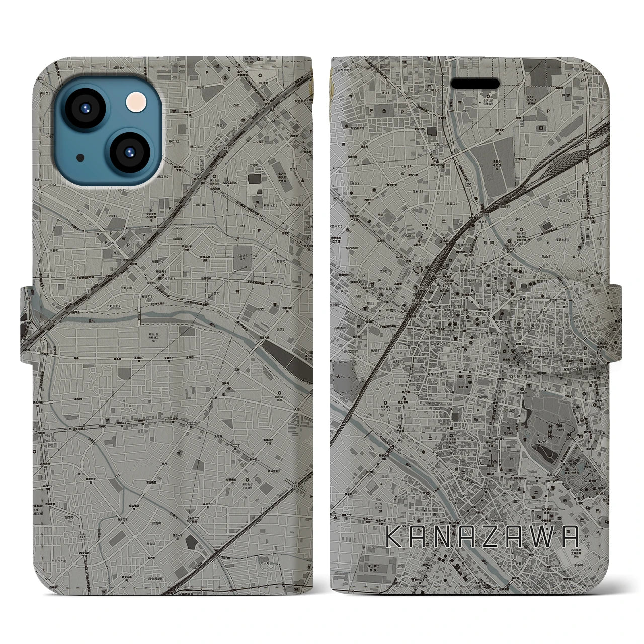 【金沢(石川県)】地図柄iPhoneケース(手帳タイプ)モノトーン・iPhone 13 用