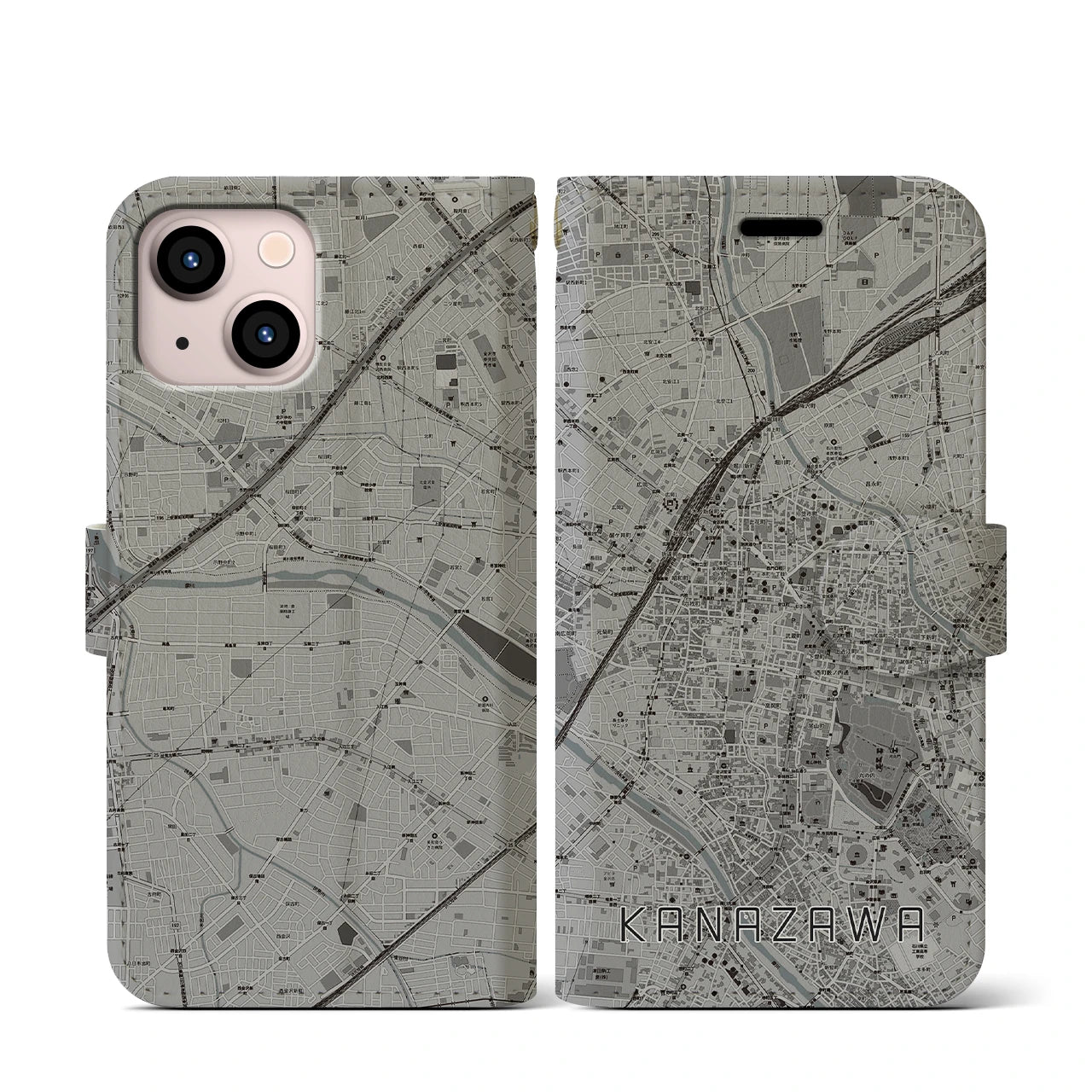 【金沢(石川県)】地図柄iPhoneケース(手帳タイプ)モノトーン・iPhone 13 mini 用