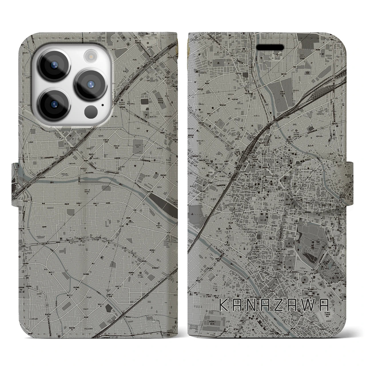 【金沢(石川県)】地図柄iPhoneケース(手帳タイプ)モノトーン・iPhone 14 Pro 用