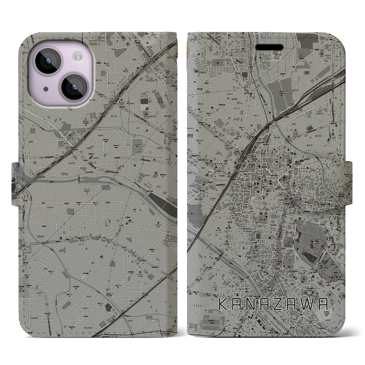 【金沢(石川県)】地図柄iPhoneケース(手帳タイプ)モノトーン・iPhone 14 用