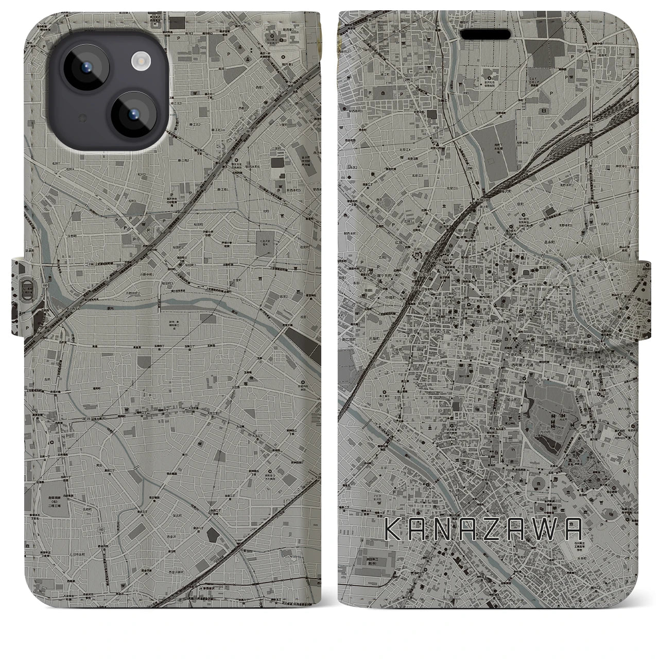 【金沢(石川県)】地図柄iPhoneケース(手帳タイプ)モノトーン・iPhone 14 Plus 用
