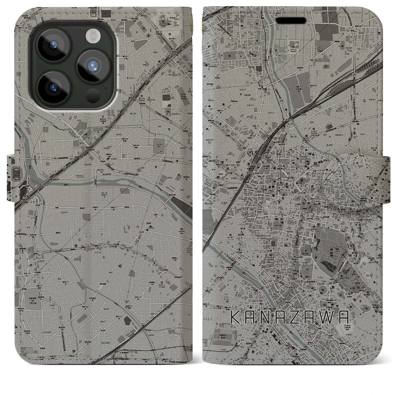 【金沢(石川県)】地図柄iPhoneケース(手帳タイプ)モノトーン・iPhone 15 Pro Max 用