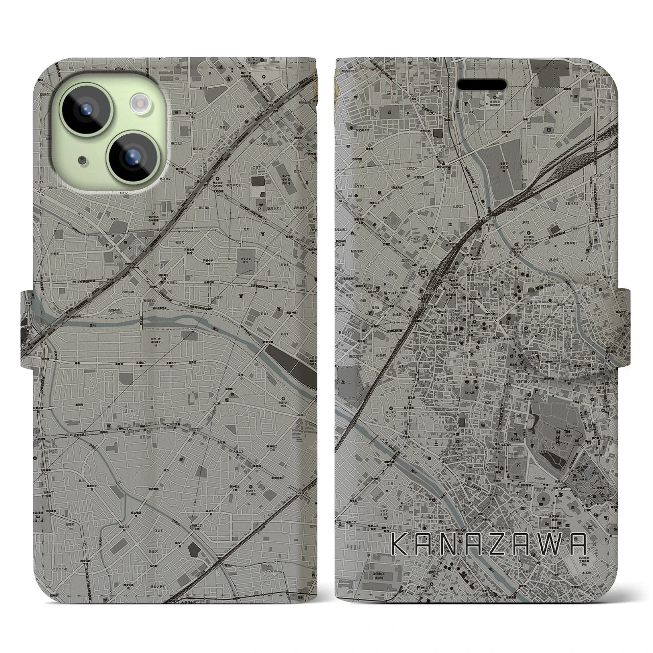 【金沢(石川県)】地図柄iPhoneケース(手帳タイプ)モノトーン・iPhone 15 用