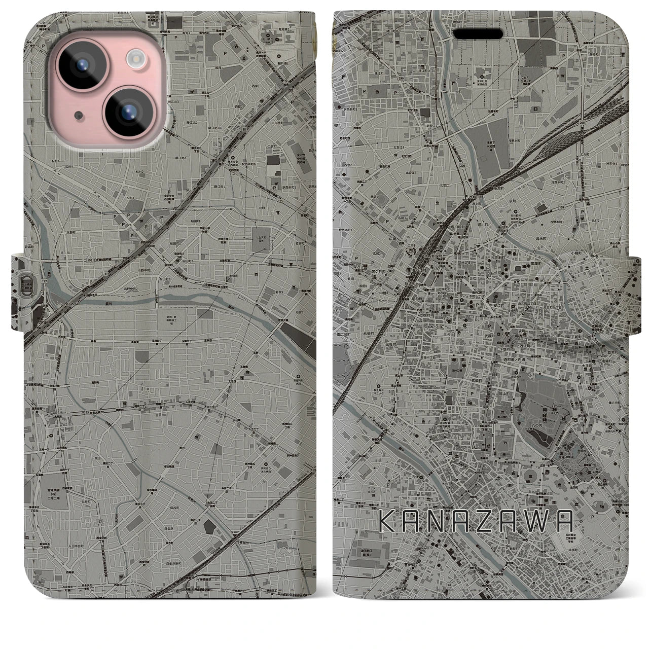 【金沢(石川県)】地図柄iPhoneケース(手帳タイプ)モノトーン・iPhone 15 Plus 用