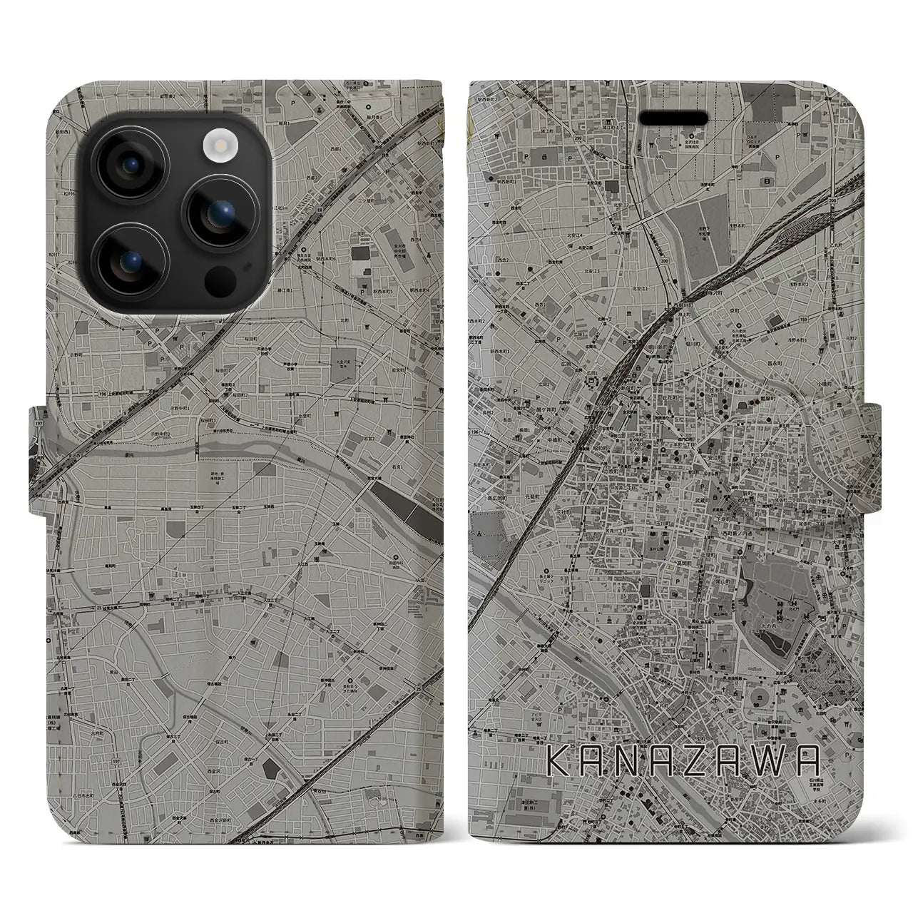 【金沢(石川県)】地図柄iPhoneケース(手帳タイプ)モノトーン・iPhone 16 用