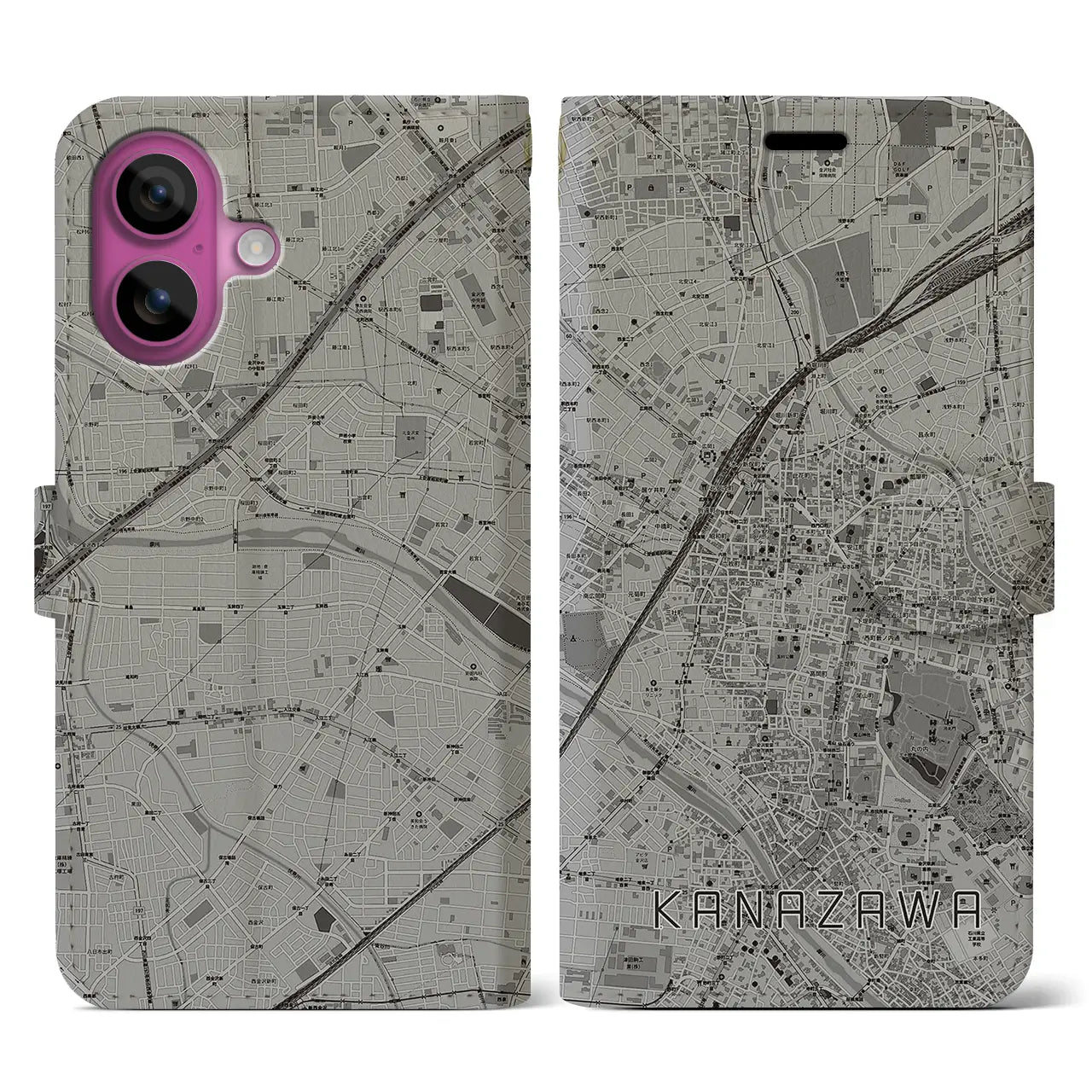 【金沢(石川県)】地図柄iPhoneケース(手帳タイプ)モノトーン・iPhone 16 Pro 用