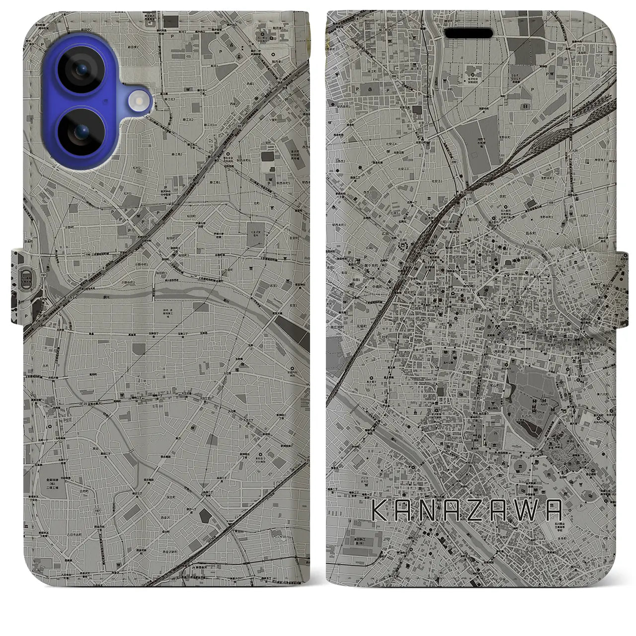 【金沢(石川県)】地図柄iPhoneケース(手帳タイプ)モノトーン・iPhone 16 Pro Max 用