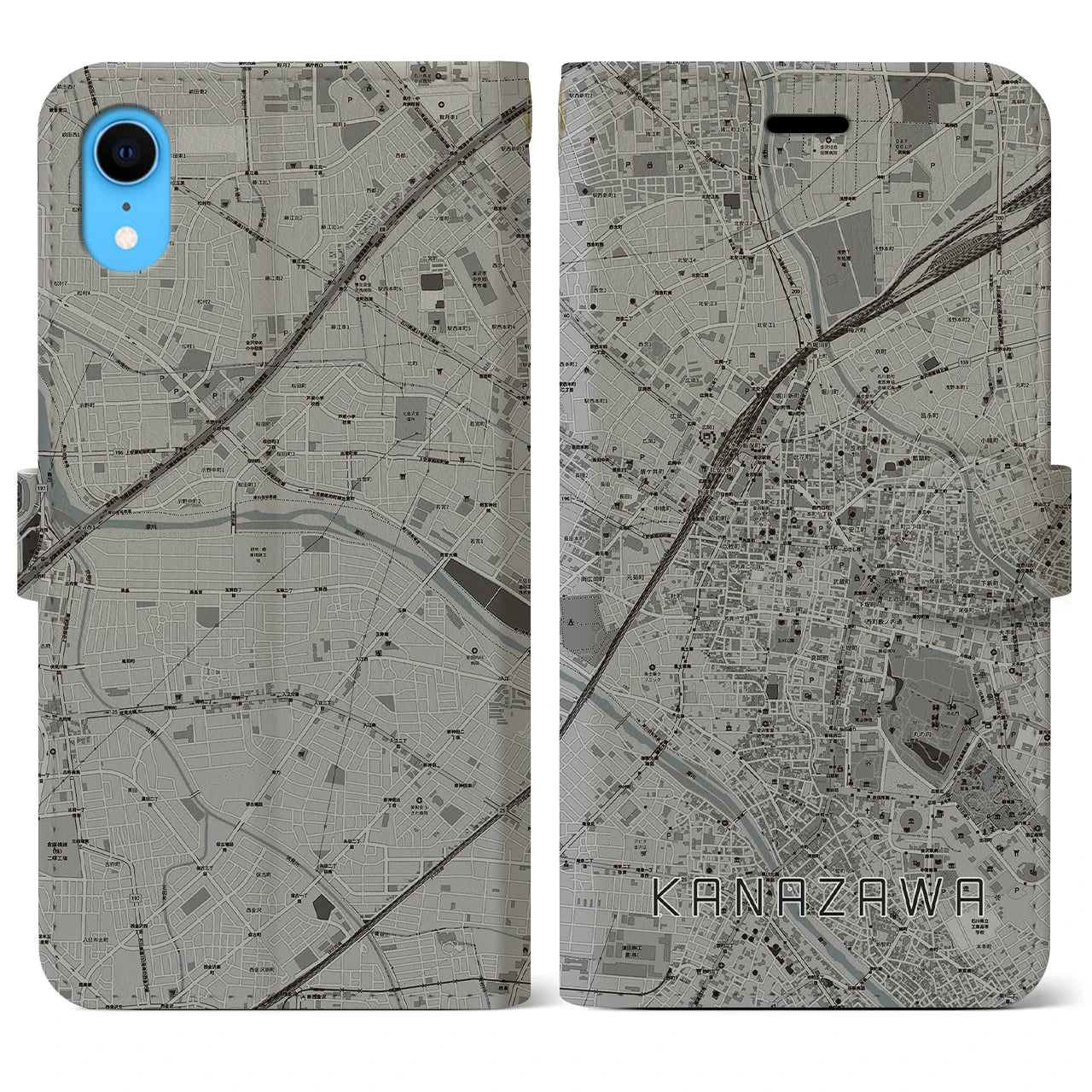 【金沢(石川県)】地図柄iPhoneケース(手帳タイプ)モノトーン・iPhone XR 用